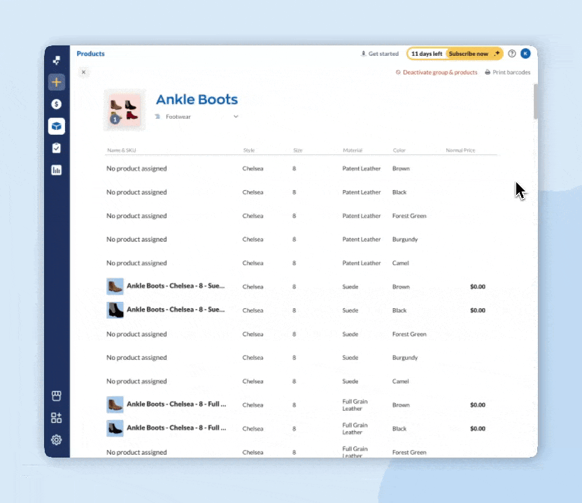 Example of a new product group record after import that created 26 variant product options.