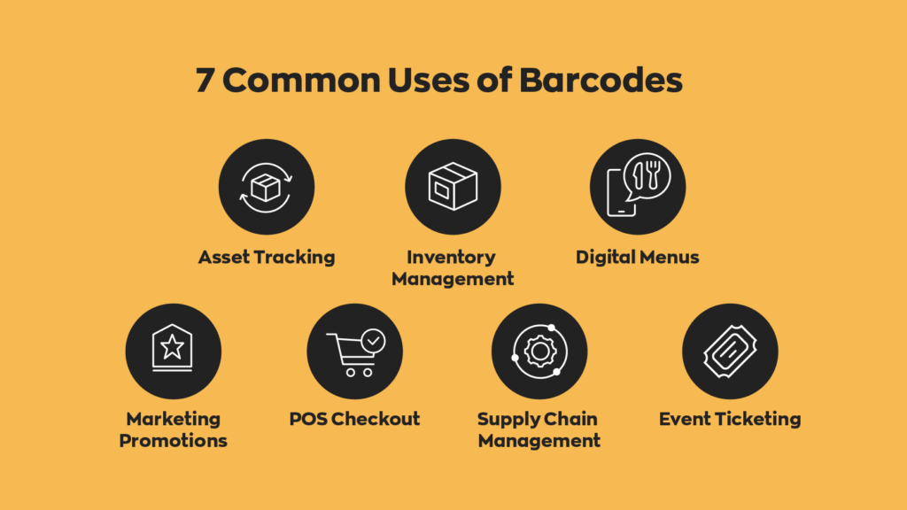 7 Common Uses of Barcodes:
1. Asset Tracking
2. Inventory Management
3. Digital Menus
4. Marketing Promotions
5. POS Checkout
6. Supply Chain Management
7. Event Ticketing